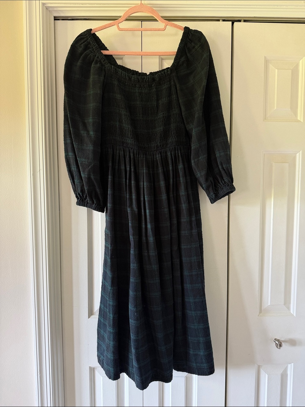 EUC J. Crew Smocked Puff-Sleeve Dress in Black Watch Tartan Flannel
